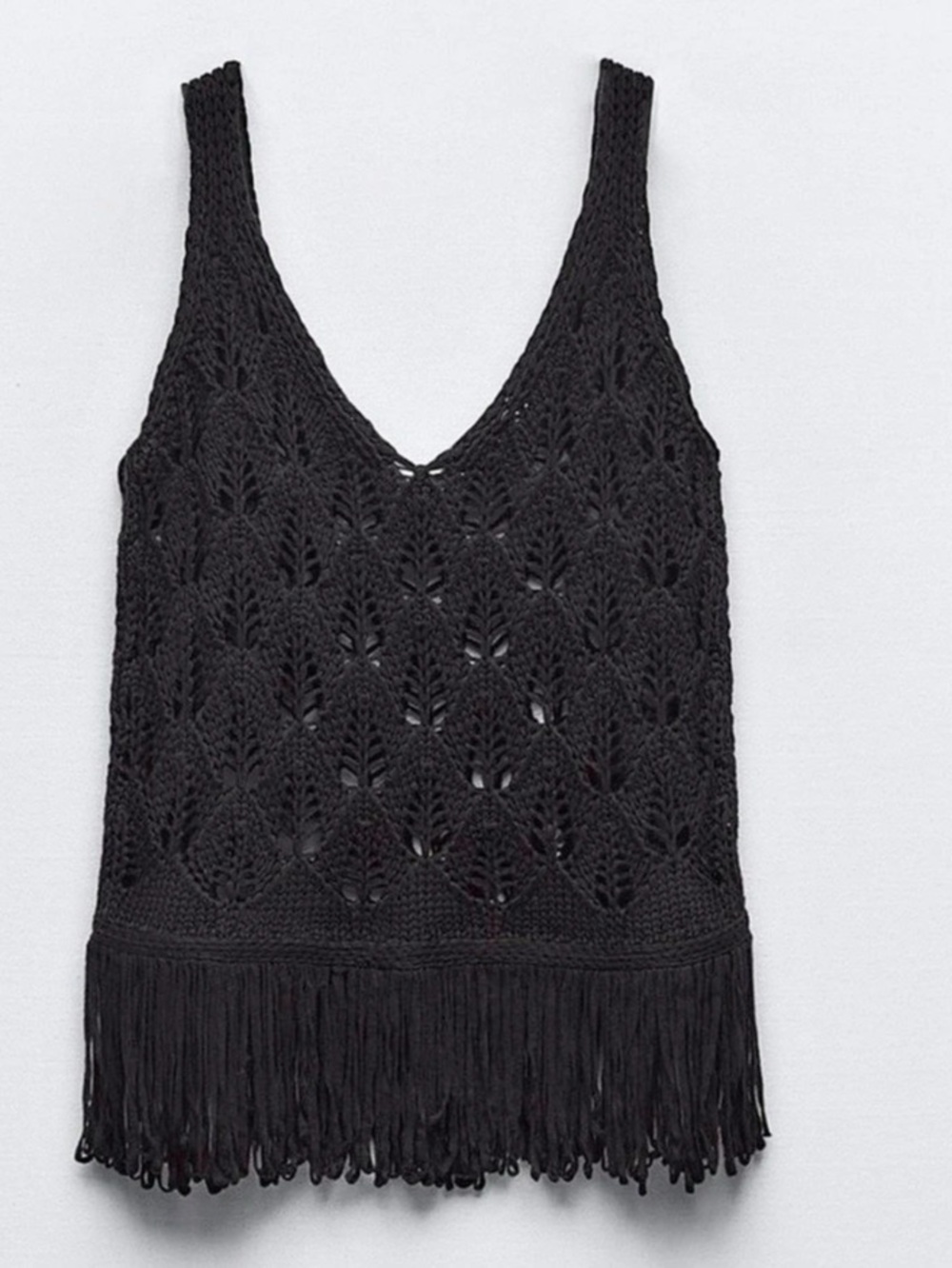 Zara Fringe Knit Top Black Crochet Fringe Tank Small